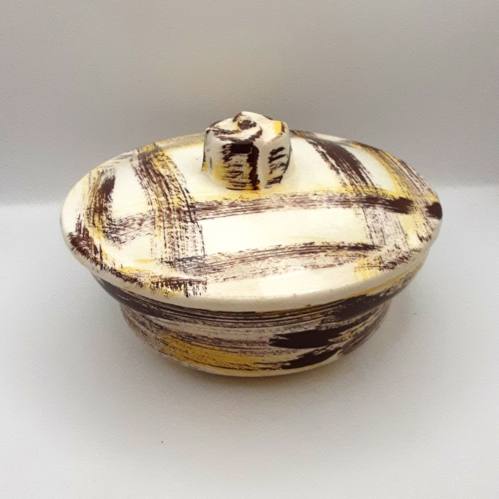Vintage California Pottery Brown and yellow Brush Strokes Covered Dish 7" X 3"